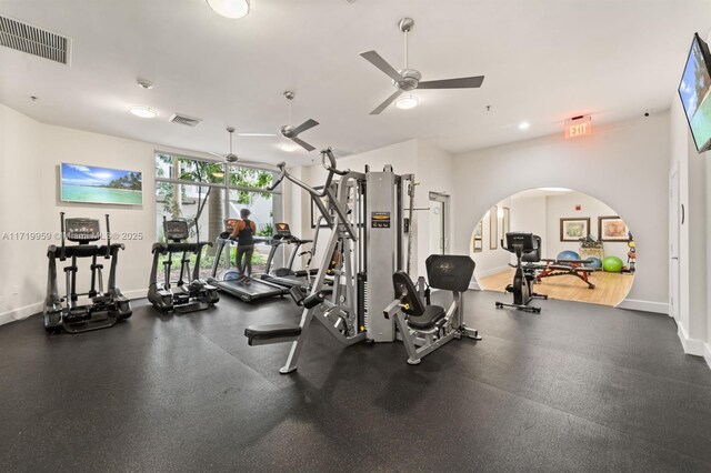 workout area featuring ceiling fan and floor to ceiling windows