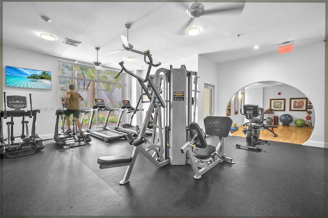 gym featuring ceiling fan