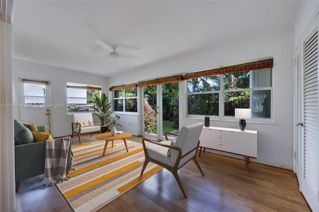 interior space featuring ceiling fan