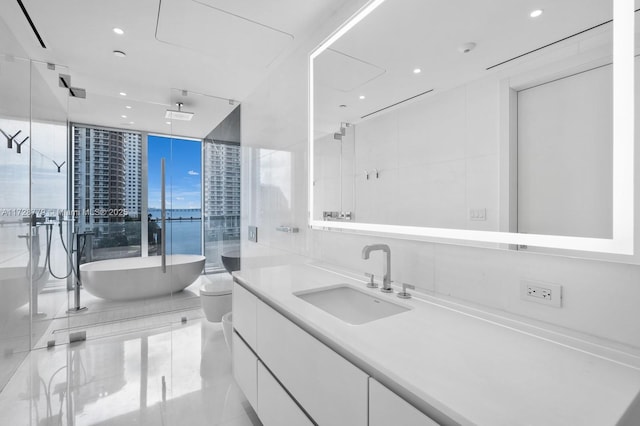 full bathroom with toilet, a wall of windows, vanity, and plus walk in shower