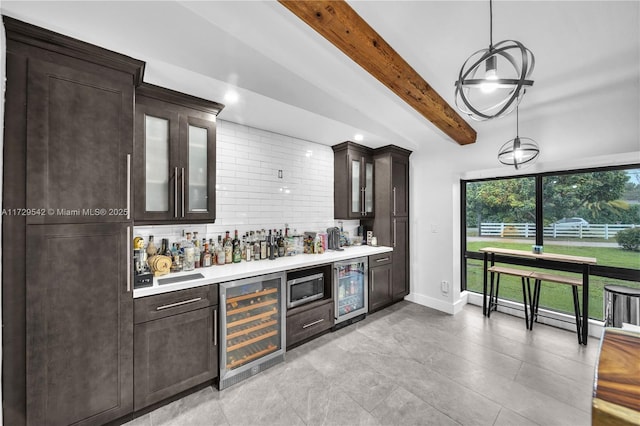 bar with decorative light fixtures, decorative backsplash, beam ceiling, and wine cooler