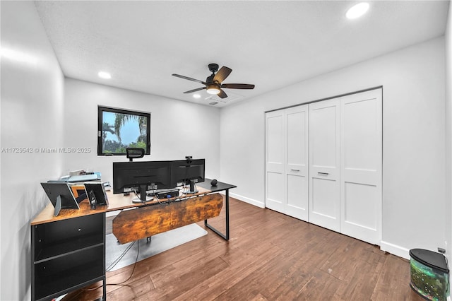 office space with ceiling fan and wood-type flooring