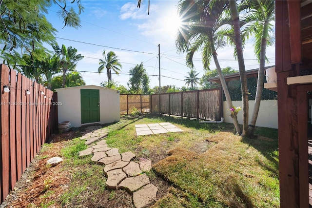 view of yard featuring a storage shed