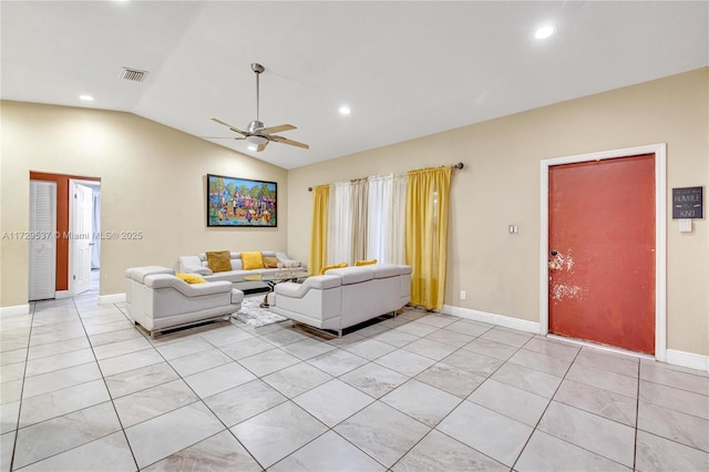 living room with vaulted ceiling, ceiling fan, and light tile patterned floors