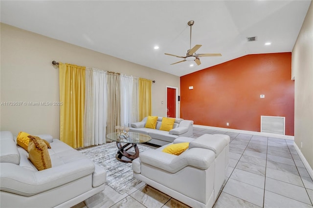 living room featuring ceiling fan and lofted ceiling