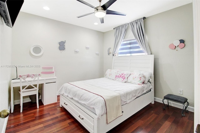 bedroom featuring ceiling fan and dark wood-type flooring