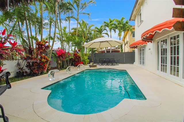 view of swimming pool featuring a patio area