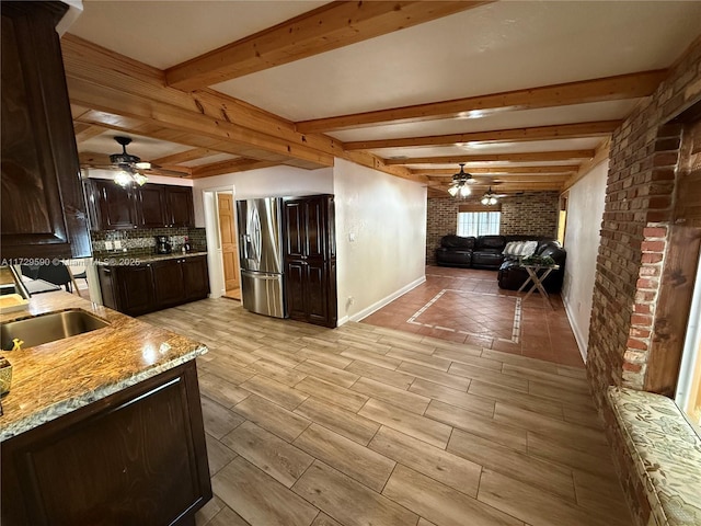 11845 SW 97th Ave, Miami, FL 33176 - kitchen featuring ceiling fan, sink, dark brown cabinetry, and stainless steel fridge with ice dispenser