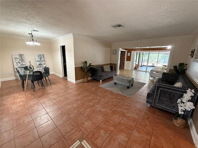 11845 SW 97th Ave, Miami, FL 33176 - tiled living room with a notable chandelier, crown molding, and a textured ceiling