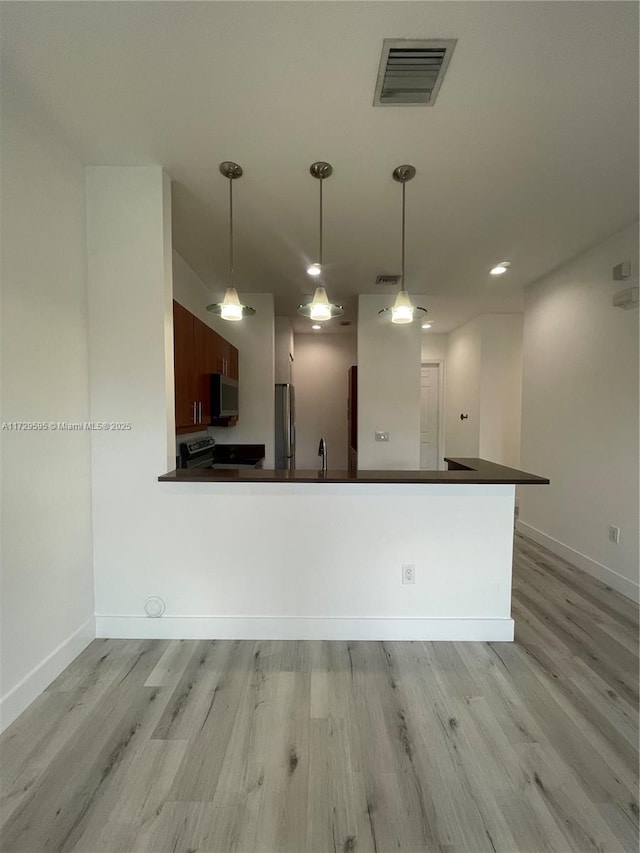 kitchen with light hardwood / wood-style floors, kitchen peninsula, stainless steel appliances, pendant lighting, and sink