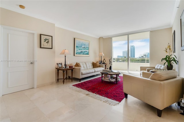 living room with crown molding and floor to ceiling windows