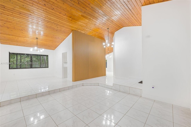 tiled empty room featuring high vaulted ceiling, a notable chandelier, and wood ceiling