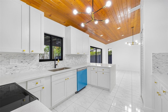 kitchen with pendant lighting, dishwasher, white cabinetry, sink, and wooden ceiling