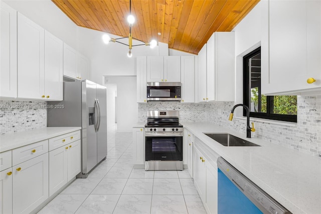 kitchen with white cabinetry, wooden ceiling, appliances with stainless steel finishes, decorative light fixtures, and sink