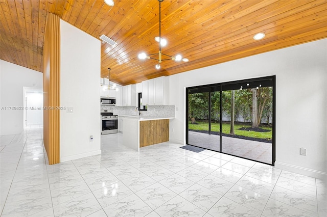 kitchen with backsplash, pendant lighting, white cabinetry, appliances with stainless steel finishes, and wooden ceiling