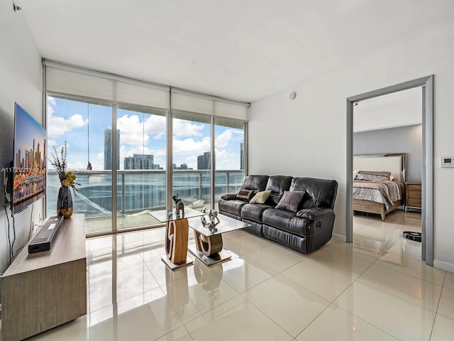 tiled living room with expansive windows