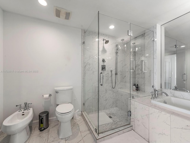 bathroom with a bidet, toilet, and plus walk in shower