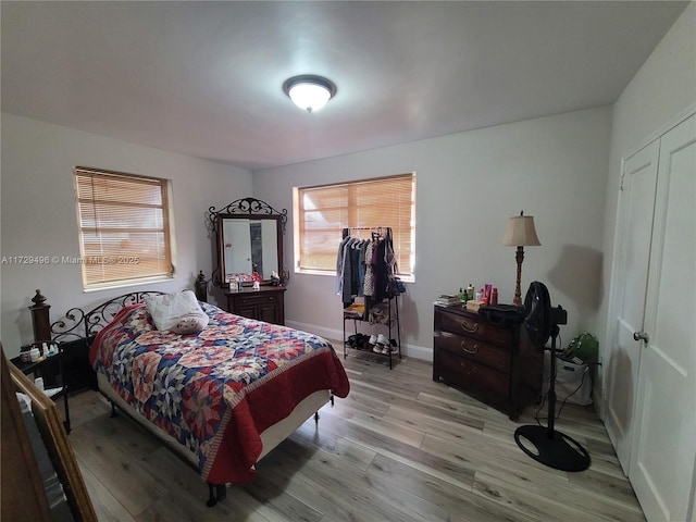 bedroom featuring a closet, multiple windows, and light hardwood / wood-style floors