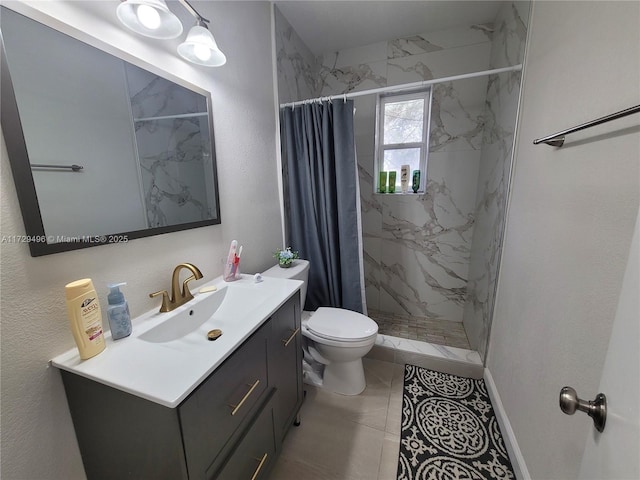 bathroom with walk in shower, vanity, and toilet