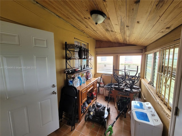 interior space featuring vaulted ceiling and wooden ceiling