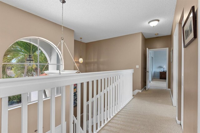 hallway featuring light colored carpet, plenty of natural light, and a textured ceiling