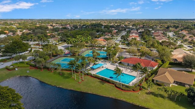 aerial view featuring a water view