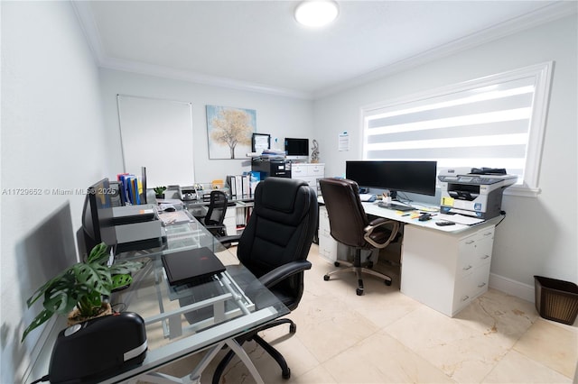 home office featuring crown molding