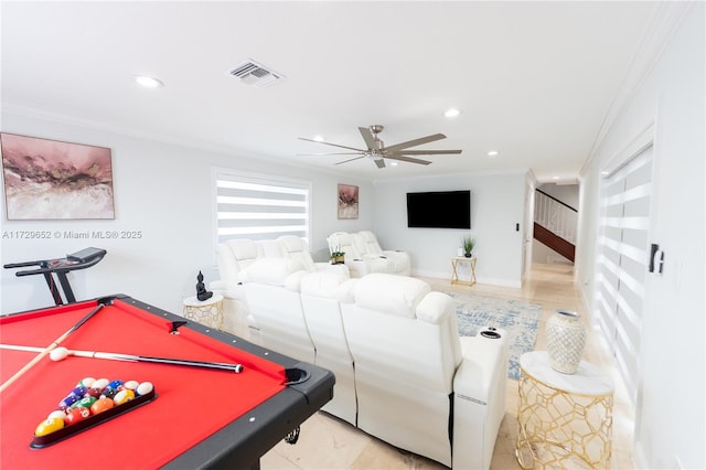 rec room with crown molding, pool table, and ceiling fan