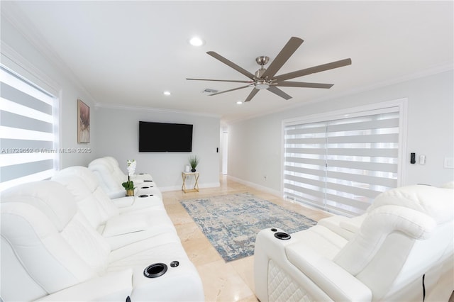 living room with crown molding, ceiling fan, and light tile patterned flooring