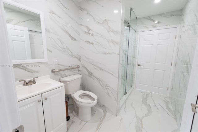 bathroom with vanity, toilet, and an enclosed shower