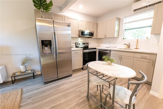 kitchen featuring sink, tasteful backsplash, an AC wall unit, stainless steel appliances, and light hardwood / wood-style floors