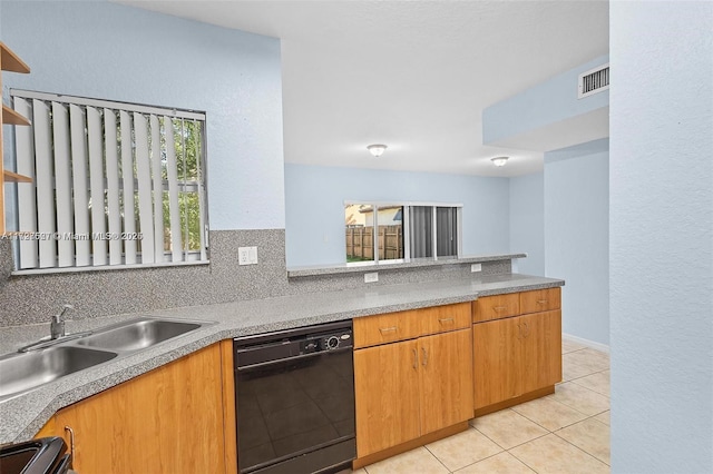 kitchen featuring light tile patterned floors, decorative backsplash, dishwasher, and sink