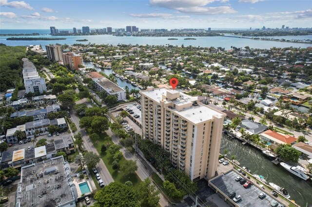 drone / aerial view featuring a water view