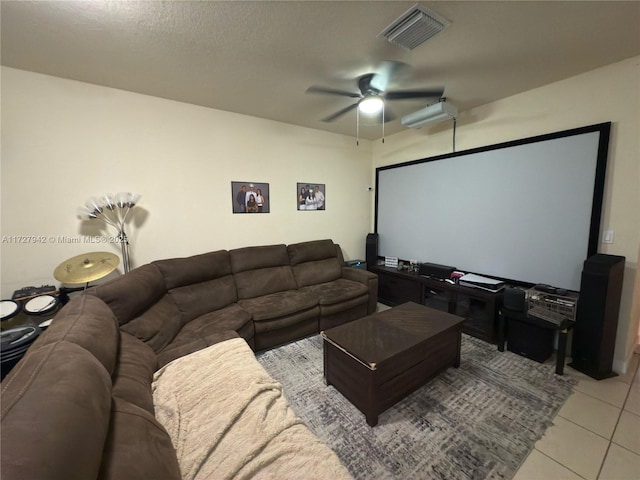 home theater room with ceiling fan and light tile patterned floors