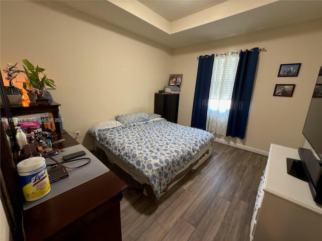 bedroom featuring wood-type flooring and a tray ceiling