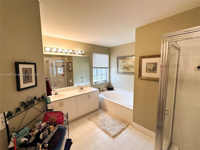 bathroom featuring vanity, tile patterned floors, and shower with separate bathtub