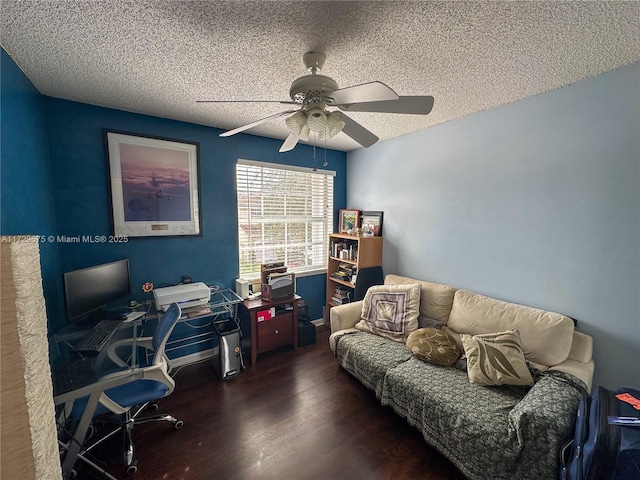 office featuring ceiling fan, dark hardwood / wood-style floors, and a textured ceiling