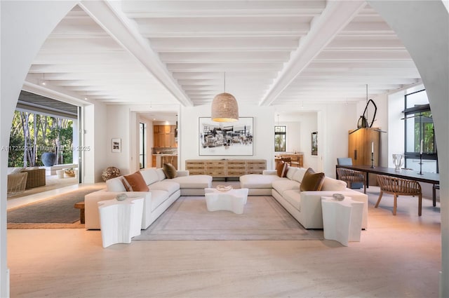 living room featuring beam ceiling