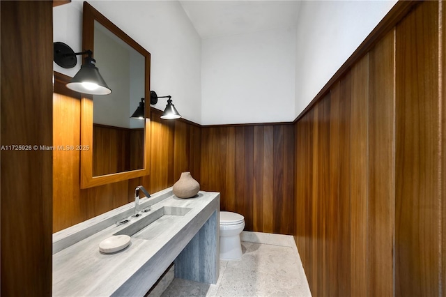 bathroom featuring toilet, wooden walls, and sink