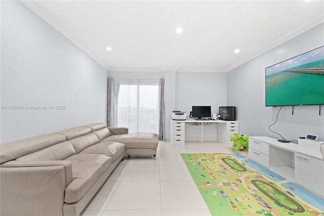 living room featuring light tile patterned floors and crown molding