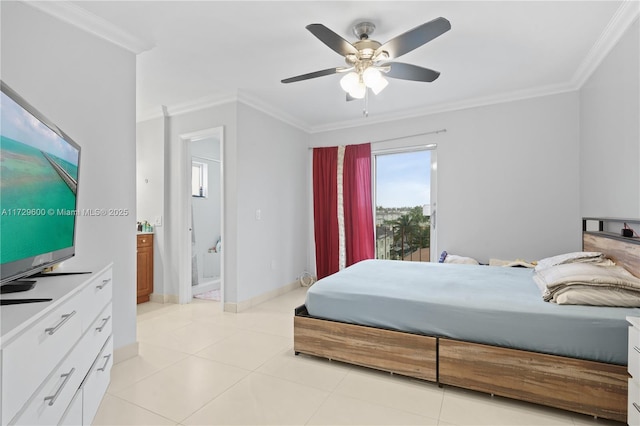 bedroom featuring light tile patterned floors, ceiling fan, and ornamental molding