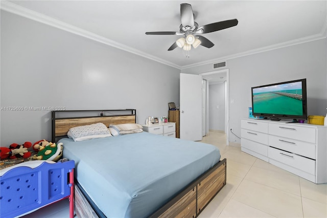 tiled bedroom featuring ceiling fan and ornamental molding