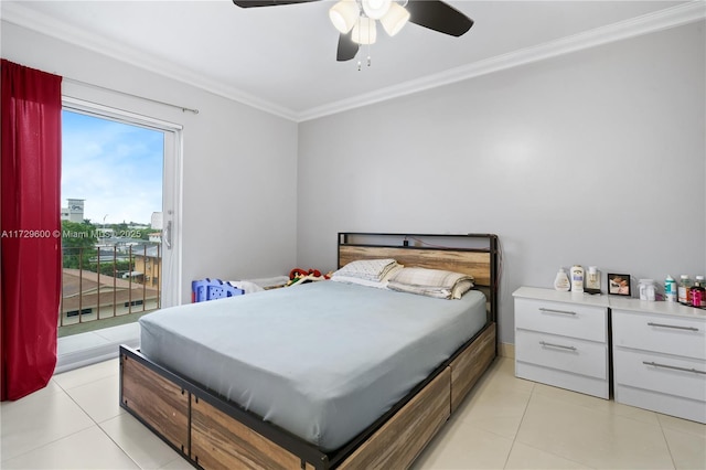 tiled bedroom with ceiling fan, access to exterior, and ornamental molding