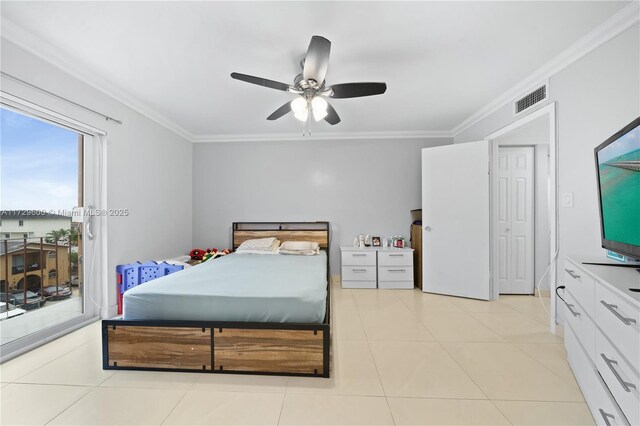 bedroom featuring ceiling fan, light tile patterned floors, and crown molding