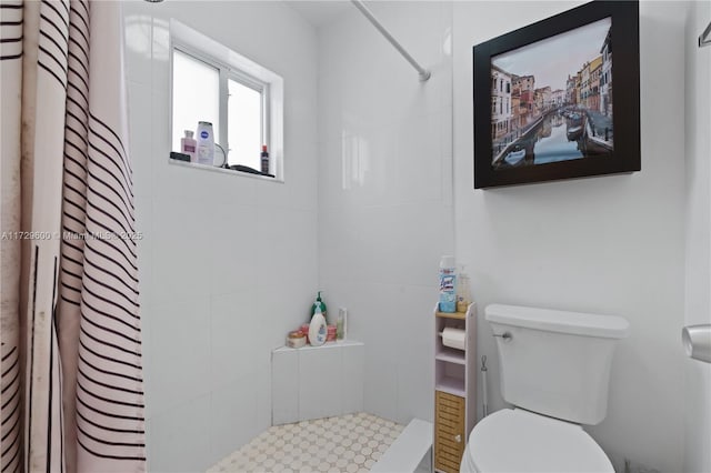 bathroom with toilet and a shower with shower curtain