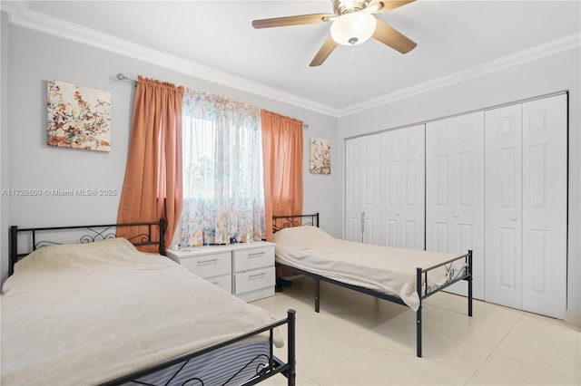 tiled bedroom with ceiling fan and ornamental molding