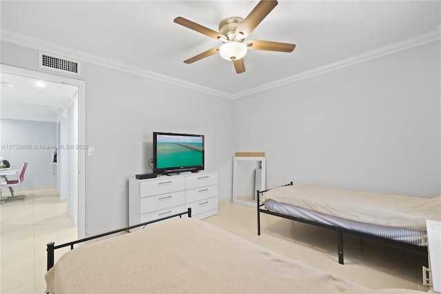 tiled bedroom featuring ceiling fan and crown molding