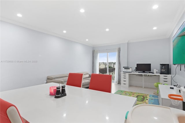 tiled dining area with crown molding