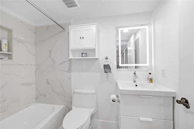 full bathroom with toilet, vanity, tiled shower / bath combo, and ornamental molding