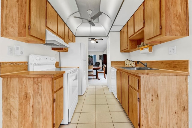 kitchen with ceiling fan, sink, white appliances, and light tile patterned flooring